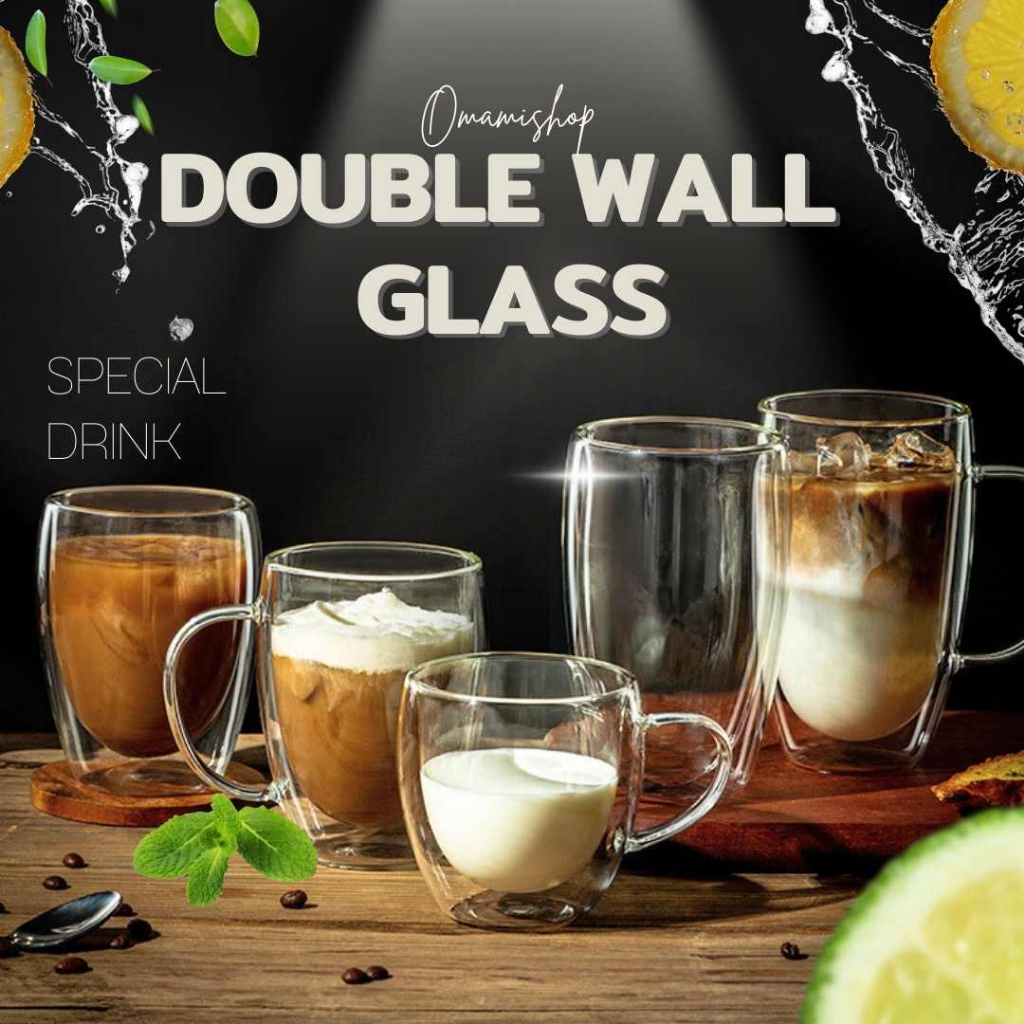 17/19 แก้วน้ำมินิมอล แก้ว2ชั้น มีหูจับ [ขนาด250-550มล.] Double Wall Glass สวยงาม ทนทาน ใส่ได้ทั้งน้ำ