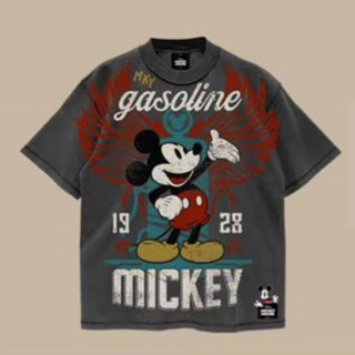 Power 7 Shop เสื้อยืดการ์ตูน ลาย MICKEY MOUSE ลิขสิทธ์แท้ DISNEY งานวินเทจ เย็บกลับตะเข็บ ฟอกเฟด-สีเทา  (MPX-001)