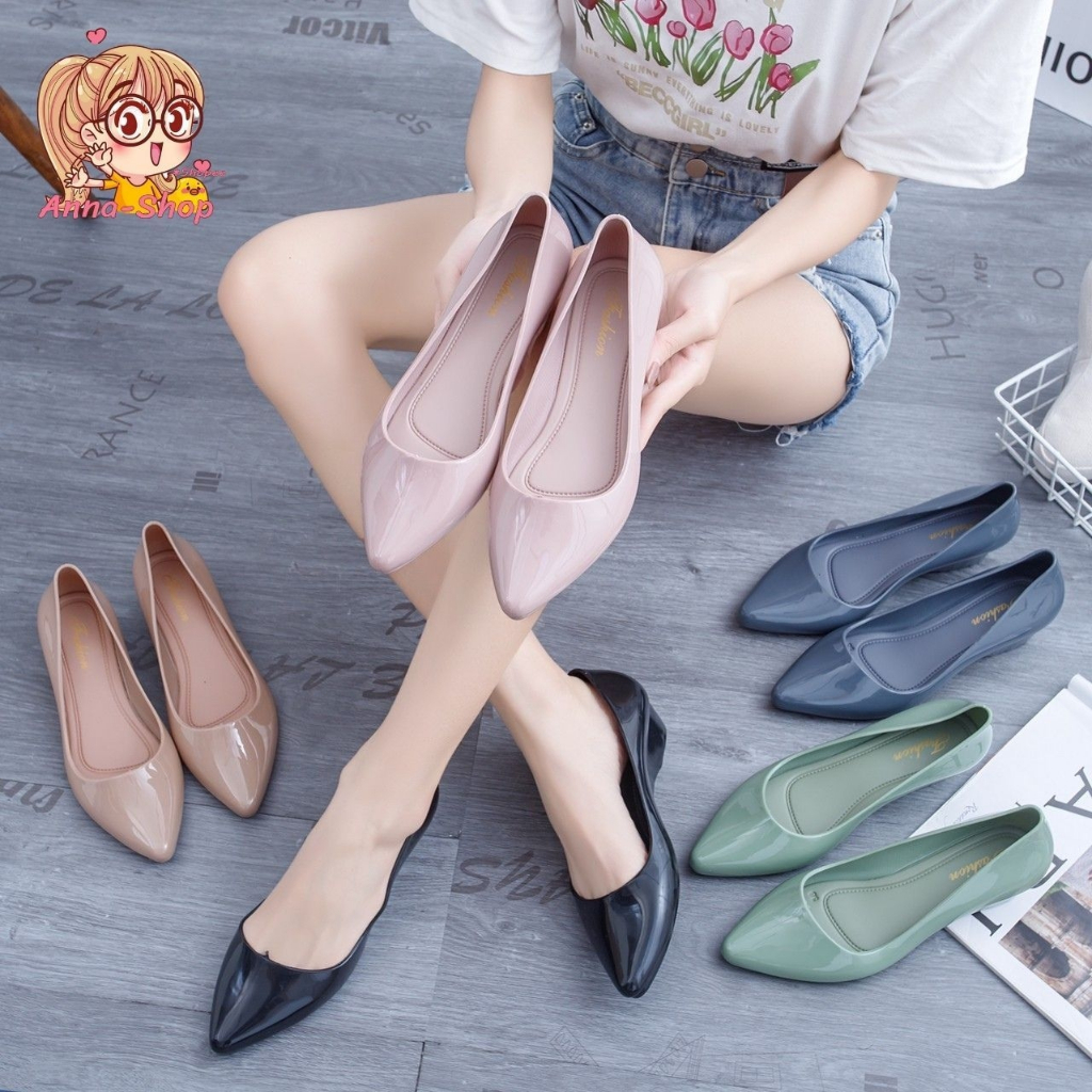 anna shop รองเท้าคัทชูยางนิ่ม 🍭ส้นเตารีด PVC  สีพื้น  ใส่ทำงาน ใส่เที่ยวพื้นนิ่ม 🛒ใส่สบาย T214