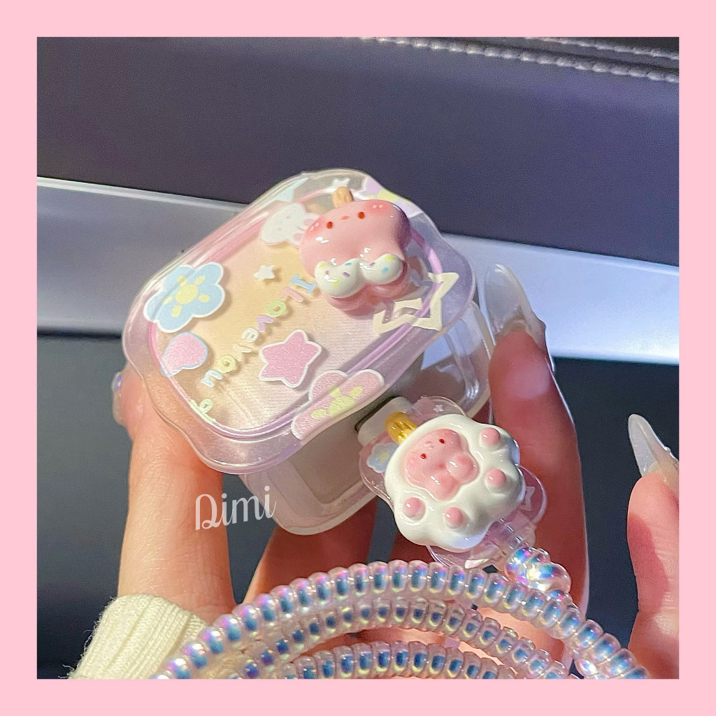 D4กระต่ายชมพู พร้อมส่งจากไทย ชุดพันสาย เคสหัวชาร์จ ลายการ์ตูน ตัวถนอมสาย USB 20w 18w - รูปที่ 3