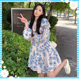 Blue Flower Dress พร้อมส่ง เดรสคอบัวลายดอกไม้ โทนสีขาวฟ้า แขนยาว เดรสแขนยาวจั๊ม เดรสกระโปรง งายป้ายypy