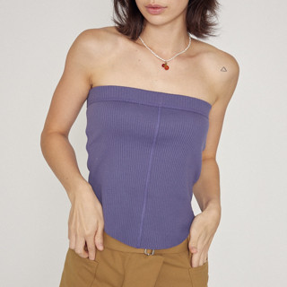 Molivien - TUBE TOP GRAPE เสื้อเกาะอกสีม่วงเข้ม ผ้ายืดร่อง ชายโค้ง แต่งตะเข็บด้านหน้า