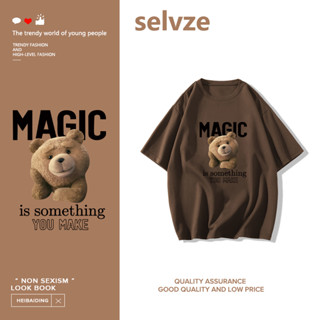 SELVZE （พร้อมส่งจากกทม มาถึงใน 3วัน）print T-shirt หมีน่ารักพิมพ์แขนสั้นหลวมสบาย ๆ T0363