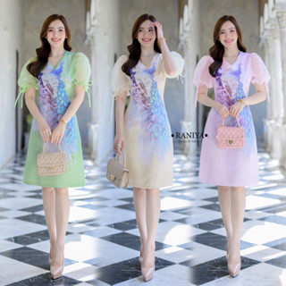 6342:ชุดเดรสผ้าSatin silk  พิมพ์ลายนกยูง