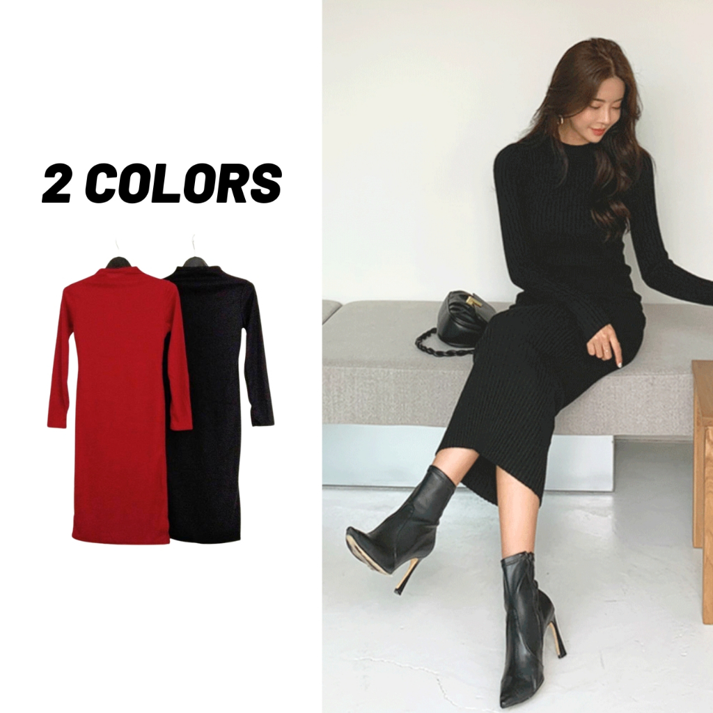 Sale80% ชุดเดรสไหมพรมผ้าร่อง แขนยาว คอเต่า ทรงสวยเข้ารูป ผ้ายืดได้เยอะมาก