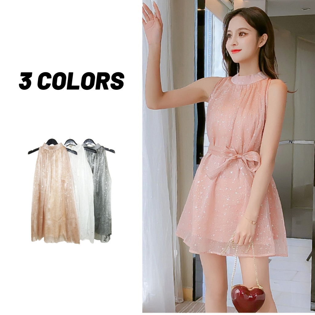 Sale80% ชุดเดรสคอสูงแขนกุดแต่งกลิตเตอร์ 3 สี (มีซับใน พร้อมโบว์ผูกเอว)
