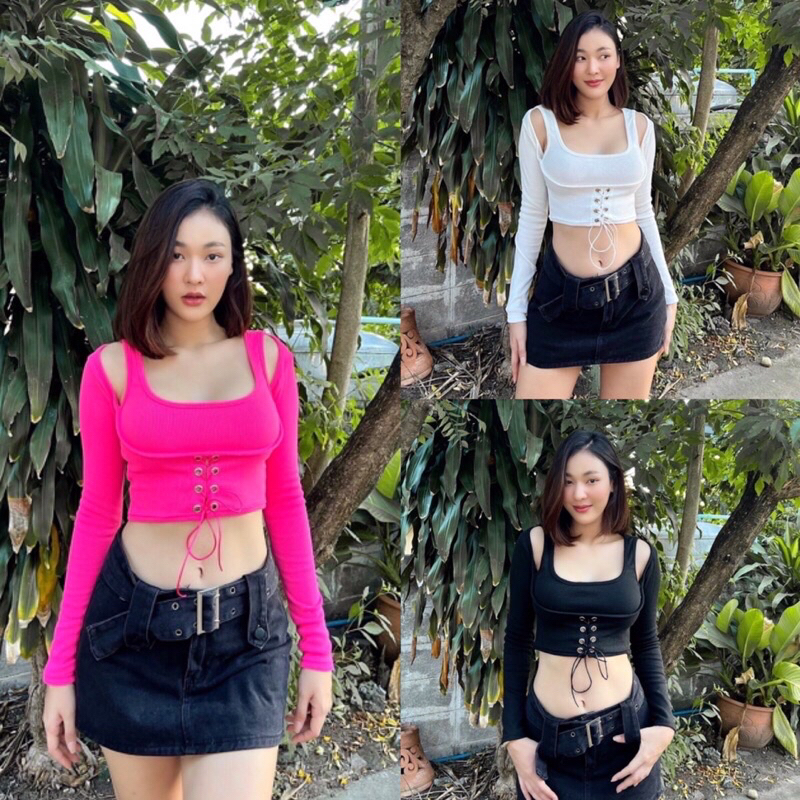 ใช้โค้ดเหลือ175 เสื้อครอปเซ็กซี่แขนยาวเว้าไหล่ ด้านในแต่งแขนกุด สีแดงตรุษจีน ช่วงเอวเชือกสานไขว้y2k สีนีออน