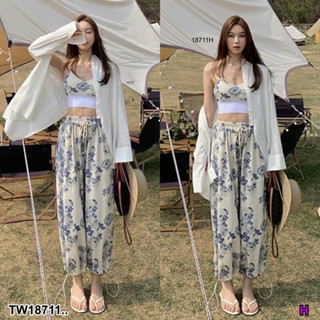 TT18711 set 2 ชิ้น เสื้อสายเดี่ยวแต่งแถบยางยืด + กางเกงขายาว ปลายขาดึงรูด .Set 2 pieces. Tank top decorated with elastic