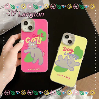 🌈Langton🌸ขอบเต็ม ป้องกันการหล่น iphone 11 14 pro max การ์ตูน ลูกสุนัข ลูกแมว รุ่นคู่ สีชมพู case for iPhone 12 13