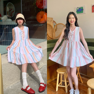 🔥ใส่โค้ด 3PCSAUG ลด 75.- บาท 3pcs.basket Sunday dress เดรสระบายลายทาง