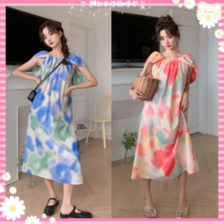 Colorful Maxi Dress เดรสคอกลม ลายน้ำโทนหลากสี แขนสั้น เนื้อผ้าดี เดรสลายกราฟิก เดรสกระโปรง งานป้าย