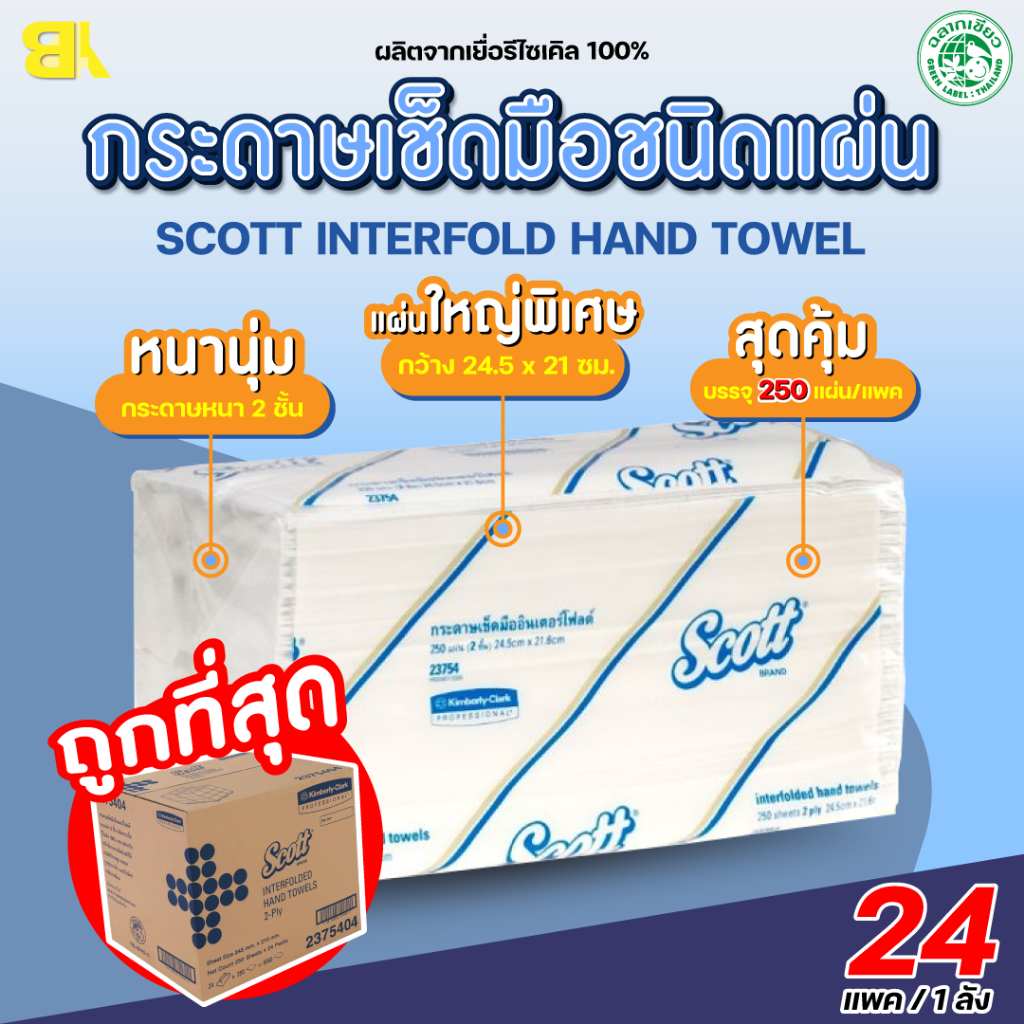 กระดาษเช็ดมือ Scott Interfold Hand Towels รุ่น 23754 แบบแผ่น 250 แผ่น/แพ็ค ยกลัง 24แพ็ค / กระดาษทิชช