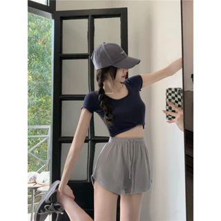 S-088 กางเกงขาสั้น บบผูกเชือก สวมใส่สบาย ลําลองสําหรับสตรี เอวสูงขากว้างทรงหลวมขนาดพลัสเหมาะกับการเล่นฟิตเนส