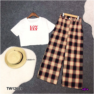 MM12689 Set 2 ชิ้น เสื้อครอปแขนสั้นอกปักตัวหนังสือ + กางเกงลายสก็อตขายาว Set 2 pieces: short-sleeved crop top with embro