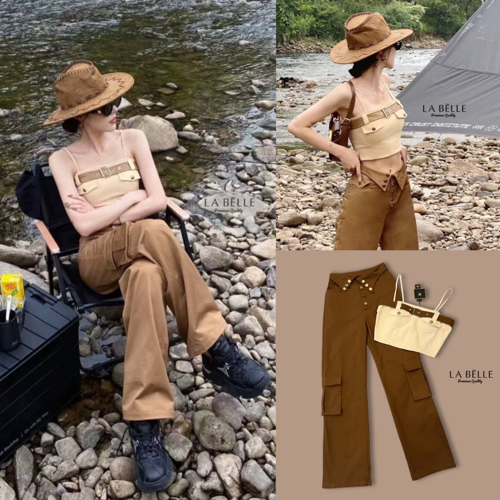 Lalisa999 LA BELLE เซ็ทเสื้อ+กางเกง โทนสีครีม-น้ำตาลสไตล์เปรี้ยวเท่
