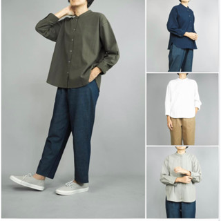 Cropped Chinese Collar Shirt 3/4 Sleeve เสื้อเชิ๊ต ตัวสั้น คอจีน แขน 3/4