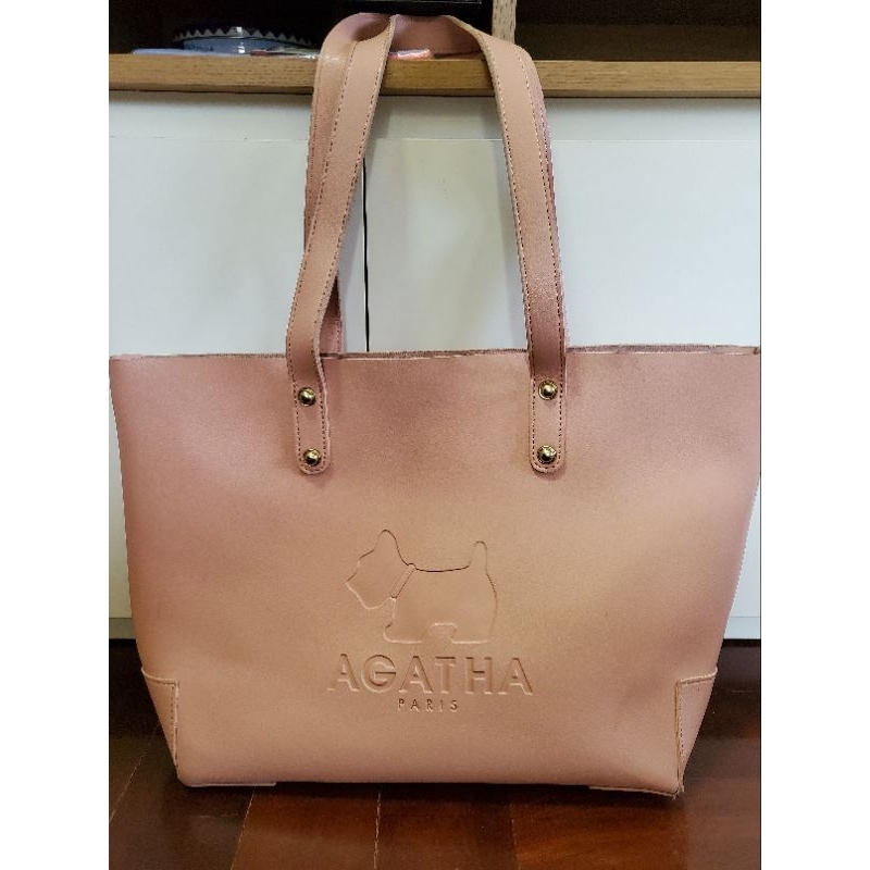 👜👜กระเป๋าแบรนด์ AGATHA Paris แท้ทรงชอปปิ้ง ขนาด18'' ใบใหญ่สีขมพูนู๊ด สภาพ80%ด้านในซับหนังมีร่องรอยกา