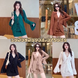 TOBY SET set2ชิ้น ชุดเซ็ท2ชิ้น เสื้อแขนยาวผูกโบว์ด้านหน้า2ชั้น+กระโปรงสั้น เข้าชุด ชุดไปคาเฟ่ ป้าย sheeny ตรงปก