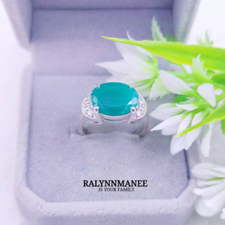 D6466 แหวนพลอยโมราแท้ ( Chrysoprase ) ตัวเรือนเงินแท้ 925 ชุบทองคำขาว ไซส์ 52,55 แก้ไซส์ฟรี