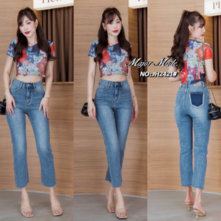 Jeans Style Korea กางเกงยีนส์เอวสูงขา8ส่วน ทรงขาตรง