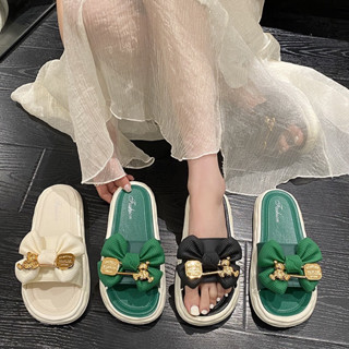 รองเท้าแตะแบบสวม แฟชั่น สไตล์เกาหลี  โบว์น้องหมี  พื้นนิ่ม ใ…
