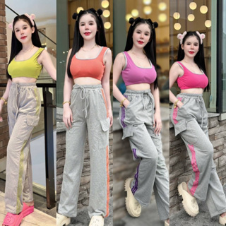 👚sopa_shop👚  พร้อมส่ง  Set2ชิ้นเสื้อกล้ามผ้ายืด+กางเกงวอมแต่งแถบมีกะเป๋า