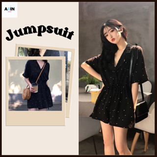 พร้อมส่ง🌷จั้มสูทลายจุด จั้มสูทสีดำ จั้มสูทคอวี เสื้อผ้าสไตล์เกาหลี