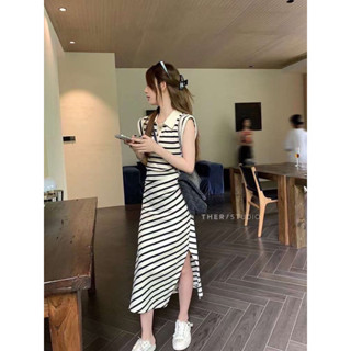 🌈🌿🌸🌺🌼🤎🧡🇰🇷Cotton Stripe Polo Sleeveless Maxi Dress 🤎🧡