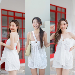 white top+short pant ชุดเซ็ตผ้าลูกไม้ ลายฉลุ แต่งสายพาดไหล่ เปิดไหล่ ทรงน่ารักมาก🩷