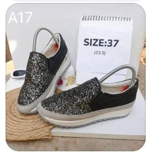 รองเท้าคัชชู วิ้งๆ กากเพชร สีเทาดำ ส้นตึกสูง นุ่มใส่สบายมาก size 37 ยาว 23.5