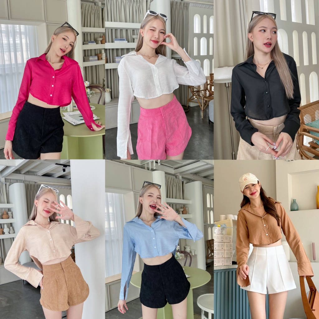 PPstudio !!พร้อมส่ง!! เชิ้ตครอปเว้าเอวสีพื้น ผ้าคอตตอนสลาฟ เนื้อผ้าเบาบางใส่สบาย  *อ่านรายละเอียดก่อ