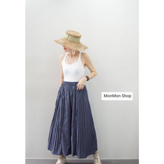 ~MONMONSHOP👖MON6889～กางเกงเนื้อผ้ายีนส์อัดพลีทมียางยืดรอบเอว มีกระเป๋าจริงด้านข้าง เนื้อผ้าดีใส่สบาย