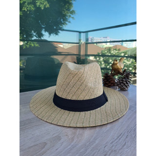 Panama Hat เยื่อไผ่สานละเอียด สีขาว คาดผ้าแถบสีดำ 57-58 cm.