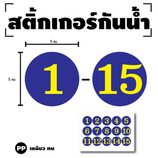 สติกเกอร์ สติ้กเกอร์กันน้้ำ ติดประตู,ผนัง,กำแพง (ป้ายตัวเลข 1-15) พื้นน้ำเงินเลขเหลือง 1 A4 ได้รับ 15 ดวง [รหัส H-019]