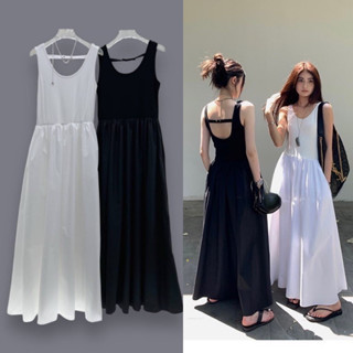 B976 : Maxi Dress เดรสยาวแม็กซี่แขนกุด ดีไซน์เว้าหลัง ช่วงกระโปรงจับรูดรอบตัวทรงสุ่มนิดๆ