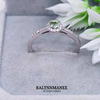 R6404 แหวนพลอยเขียวส่อง ( Green sapphire ) ตัวเรือนเงินแท้925 ชุบทองคำขาว ไซส์ 57 แก้ไซส์ฟรี