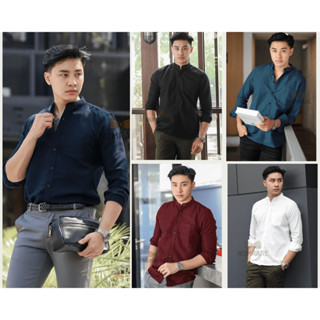 เสื้อเชิ้ตคอจีนแขนยาว ทรงเข้ารูป สลิมฟิต Slim-Fit ผ้าOxford เสื้อเชิ้ตผู้ชาย