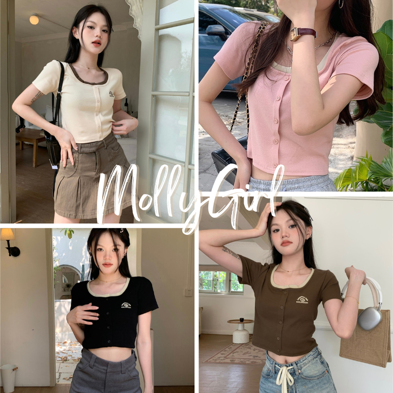 mollygirl เสื้อครอปทูโทน สีพื้นน่ารัก