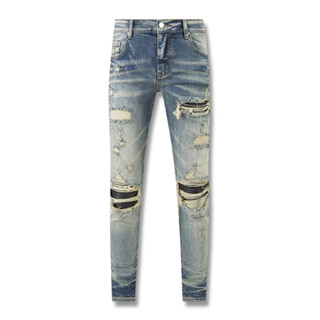 AMIRI Blue Complicated Washed Water Grinding Yellow Patch Micro Elastic Jeans