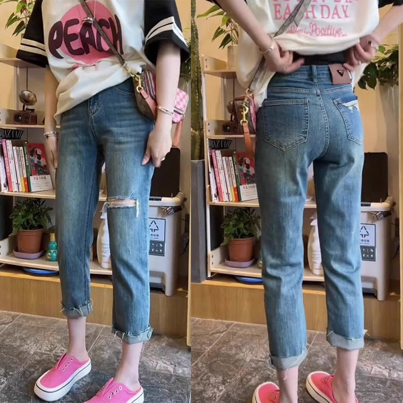 GHAOHES  กางเกงขายาว👖 ขากระบอกเล็ก ผ้ายืด วินเทจ  กางเกงยีนส์   ทรงบอย