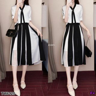 CS6120 Set 2 ชิ้น เสื้อแขนยาว+กรโปรงทรงจับจีบด้านหน้า Set 2 pieces. Long sleeve shirt + front pleated skirt.