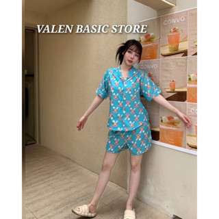 VALEN BASIC STORE 🩵ชุดนอนขาสั้นสีฟ้าลายลิงหูกระต่าย