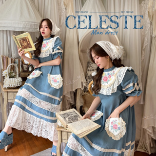 R153 Celeste : Maxi Dress เดรสยาวยีนส์ฟ้าลูกไม้