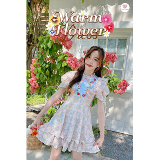 Warm Flower Dress เดรสสก็อตส้มพีชสุดน่ารัก เดรสกระโปรงบานกำลังดี ใส่สบาย มีฟองน้ำซับใน ช่วงอกพิมพ์ลายดอกไม้วินเทจ