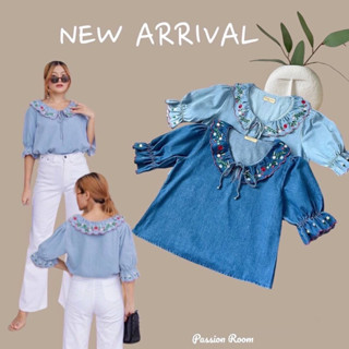 Embroidery Flaver Blouse  เสื้อแขนสามส่วนปักดอกสลับสีตรงปกหน้าและหลัง  ดีเทลเย็บเดินขอบหยัก ดีไซส์เชือกรูดด้านหน้า