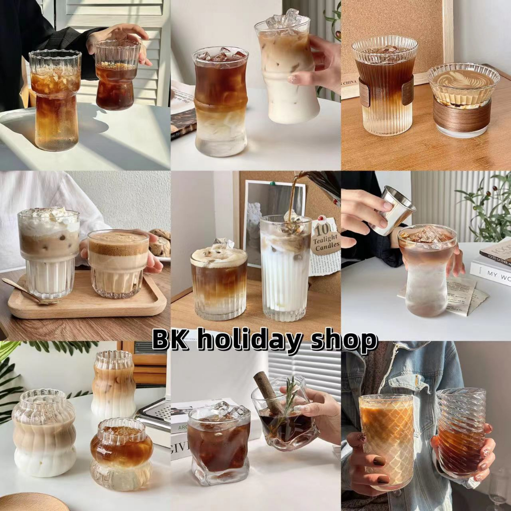 พร้อมส่ง แก้ว แก้วใส แก้วมินิมอล แก้วกาแฟ แก้วคาเฟ่ ทรงเหลี่ยม ทรงกลม สไตล์เกาหลี ความจุ 350-400ml