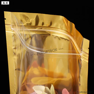 A-4 ถุงซิป ฟอยด์สีทอง (แพคละ 50ใบ) ด้านหน้าใส-ด้านหลังทึบ ตั้งได้