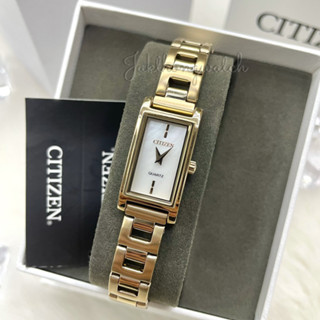 CITIZEN Womens Quartz Stainless Steel Watch รุ่น EZ6368-82D เรือนทอง หน้าปัดมุก - ตัวเรือนสี่เหลี่ยมผืนผ้า ของแท้100%