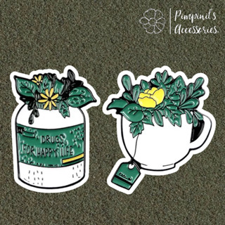 ʕ •ᴥ•ʔ ✿ พร้อมส่ง : เข็มกลัดเซ็ทต้นไม้ในกระถางสีขาว | Plant In White Flowerpot Enamel Brooch Pin Set.