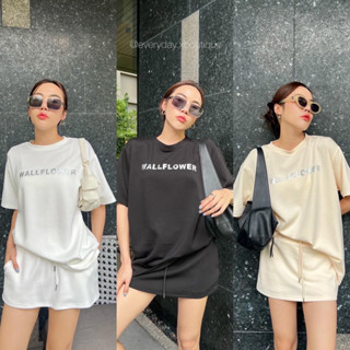 WALLFLOWER oversized set🩶(450฿ฟรีส่ง) ชุดเซ็ตเสื้อยืดคอกลมทรง oversized มาพร้อมกระโปรงกางเกง สกรีน font เมทัลลิค vibe